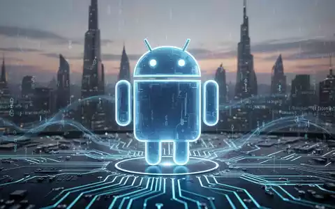 A glowing blue Android robot icon on a circuit board with digital code, representing operating system updates and technology. - Foto: über boerse-global.de