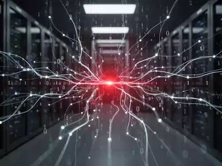 Abstract digital security threat, glowing red vulnerability in a network of data streams and binary code, futuristic data center. - Foto: über boerse-global.de