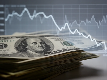 Nahaufnahme von US-Dollar-Scheinen im Vordergrund, mit einem unscharfen Diagramm im Hintergrund, das einen Abwärtstrend zeigt. - Foto: über boerse-global.de