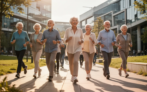 Eine Gruppe fröhlicher, aktiver Senioren geht zügig und dynamisch in einem sonnigen, modernen Park, der Vitalität ausstrahlt. - Foto: über boerse-global.de