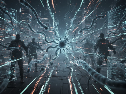 A digital representation of AI defense with glowing lines and spheres protecting against dark, amorphous shapes symbolizing AI worms. - Foto: über boerse-global.de