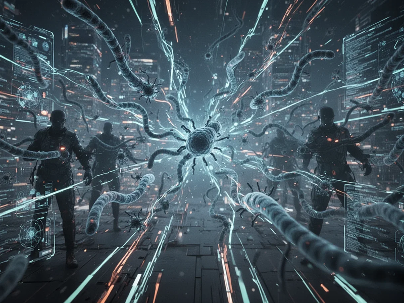 A digital representation of AI defense with glowing lines and spheres protecting against dark, amorphous shapes symbolizing AI worms. - Foto: über boerse-global.de