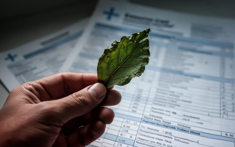 Eine Hand hält ein welkes grünes Blatt vor einem unscharfen medizinischen Bericht, der die Zerbrechlichkeit des Lebens und Gesundheitsbedenken symbolisiert. - Foto: über boerse-global.de