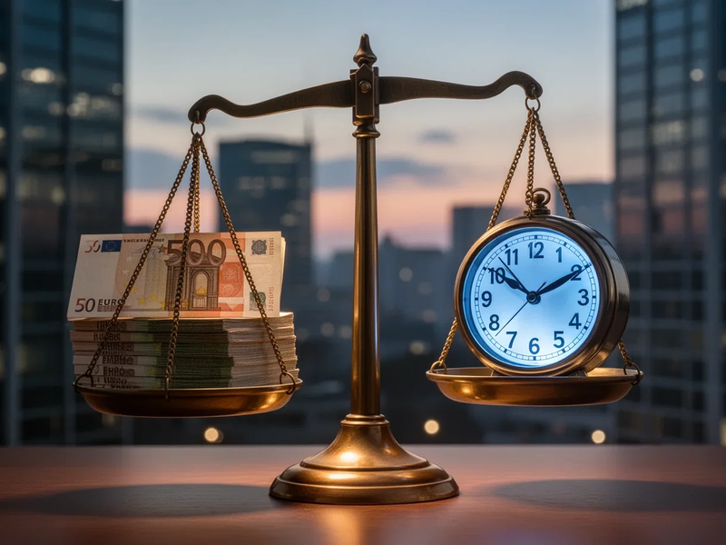 A legal scale balancing money and a digital clock, symbolizing German employment law, pay transparency, and working hours. - Foto: über boerse-global.de