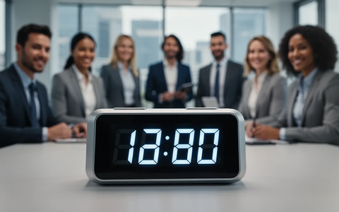 A digital time clock displaying working hours, with a diverse group of employees in a blurred background. - Foto: über boerse-global.de