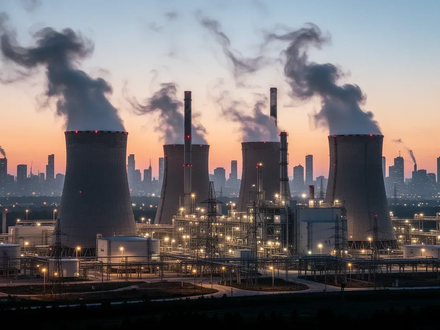 Ein modernes Gaskraftwerk bei Sonnenuntergang mit aufsteigendem Dampf aus Kühltürmen und einer Stadtkulisse im Hintergrund. - Foto: über boerse-global.de
