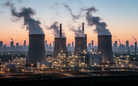Ein modernes Gaskraftwerk bei Sonnenuntergang mit aufsteigendem Dampf aus Kühltürmen und einer Stadtkulisse im Hintergrund. - Foto: über boerse-global.de
