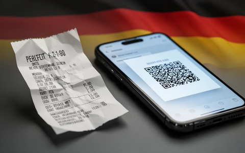 Crumpled paper receipt next to a smartphone showing a digital receipt, with a blurred German flag in the background. - Foto: über boerse-global.de