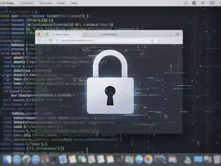 Ein digital dargestellter macOS-Desktop mit einem Vorhängeschloss-Symbol über einem Webbrowser-Fenster und Code im Hintergrund. - Foto: über boerse-global.de