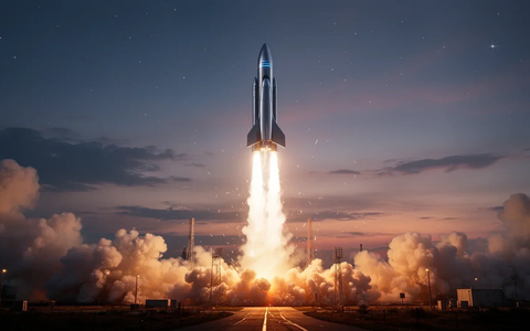 Eine elegante, moderne Rakete startet in den Dämmerungshimmel und hinterlässt eine Spur aus Rauch und Licht. - Foto: über boerse-global.de