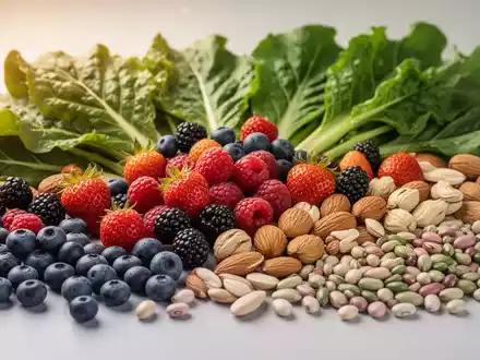 Nahaufnahme von verschiedenen gesunden Lebensmitteln wie Beeren, grünem Blattgemüse, Nüssen und Hülsenfrüchten, ansprechend angerichtet. - Foto: über boerse-global.de