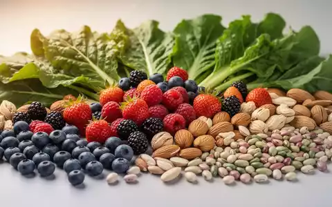 Nahaufnahme von verschiedenen gesunden Lebensmitteln wie Beeren, grünem Blattgemüse, Nüssen und Hülsenfrüchten, ansprechend angerichtet. - Foto: über boerse-global.de