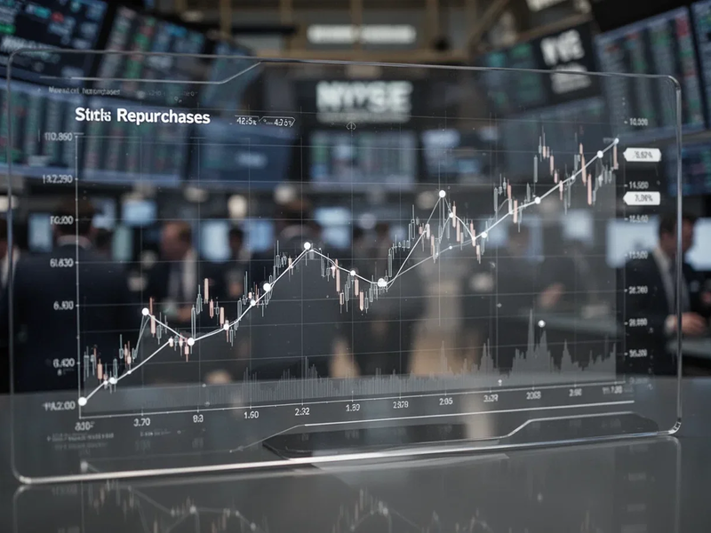 Nahaufnahme eines Finanzdiagramms auf einem digitalen Bildschirm, das einen neutralen Trend und Datenpunkte zu Aktienrückkäufen zeigt, mit einem verschwommenen Handelssaal im Hintergrund. - Foto: über boerse-global.de