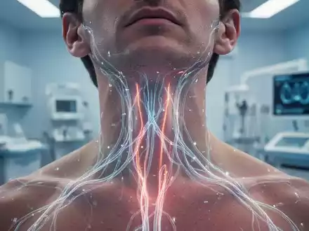 Nahaufnahme eines menschlichen Halses mit angedeuteten leuchtenden Nervenbahnen, die die Vagusnervstimulation symbolisieren. Im Hintergrund ein unscharfes medizinisches Umfeld. - Foto: über boerse-global.de