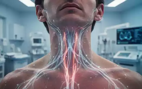 Nahaufnahme eines menschlichen Halses mit angedeuteten leuchtenden Nervenbahnen, die die Vagusnervstimulation symbolisieren. Im Hintergrund ein unscharfes medizinisches Umfeld. - Foto: über boerse-global.de