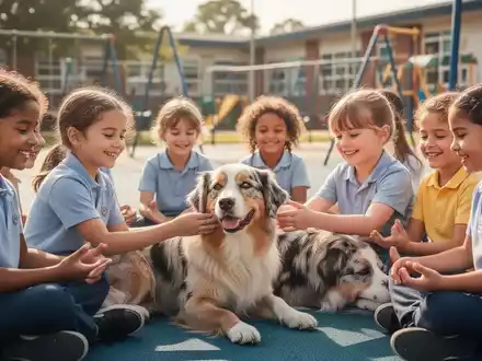 Kinder interagieren ruhig mit einem Therapiehund auf einem sonnigen Schulhof, was Achtsamkeit und Wohlbefinden fördert. - Foto: über boerse-global.de