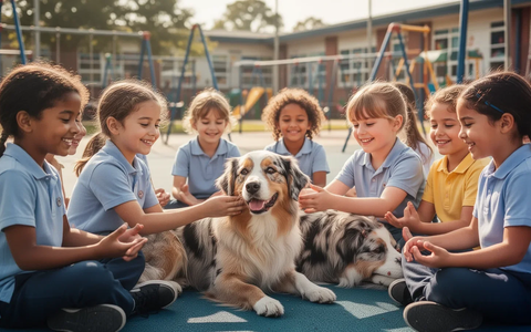 Kinder interagieren ruhig mit einem Therapiehund auf einem sonnigen Schulhof, was Achtsamkeit und Wohlbefinden fördert. - Foto: über boerse-global.de