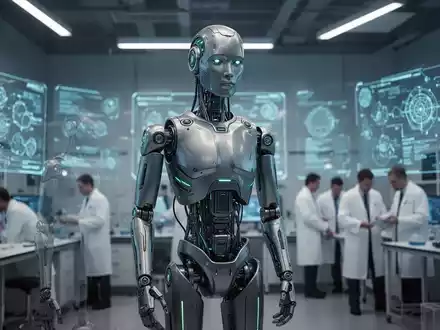 A sophisticated humanoid robot with advanced joints and sensors stands in a high-tech lab, with blurred engineers in the background. - Foto: über boerse-global.de