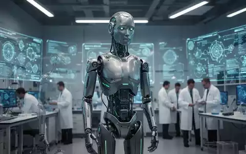 A sophisticated humanoid robot with advanced joints and sensors stands in a high-tech lab, with blurred engineers in the background. - Foto: über boerse-global.de