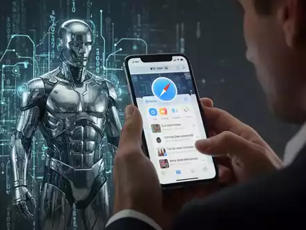 Eine Person benutzt ein iPhone mit Safari, während eine verschwommene Figur in einem Chromanzug im Hintergrund verschwindet. - Foto: über boerse-global.de