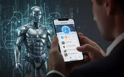 Eine Person benutzt ein iPhone mit Safari, während eine verschwommene Figur in einem Chromanzug im Hintergrund verschwindet. - Foto: über boerse-global.de