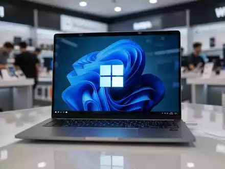 A modern laptop displaying the Windows 11 logo, subtly reflecting a retail store setting, highlighting a technology sales event. - Foto: über boerse-global.de