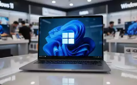 A modern laptop displaying the Windows 11 logo, subtly reflecting a retail store setting, highlighting a technology sales event. - Foto: über boerse-global.de