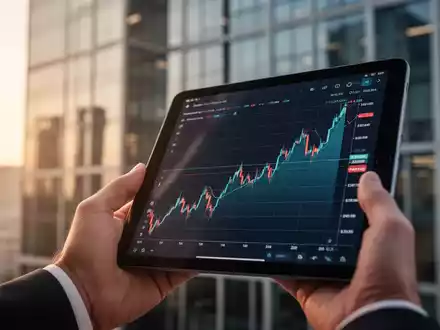 Nahaufnahme einer Hand, die ein Tablet mit einem positiven Finanzdiagramm hält, im Hintergrund ein unscharfes Bürogebäude. - Foto: über boerse-global.de