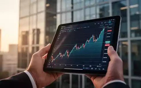 Nahaufnahme einer Hand, die ein Tablet mit einem positiven Finanzdiagramm hält, im Hintergrund ein unscharfes Bürogebäude. - Foto: über boerse-global.de