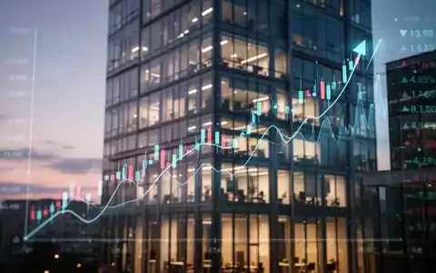 Ein stilisierter, aufwärts gerichteter Börsenkursgraph mit Finanzdaten auf einem digitalen Interface vor einem modernen Bürogebäude in der Dämmerung. - Foto: über boerse-global.de