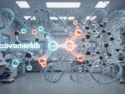 Eine stilisierte, leuchtende Icovamenib-Molekularstruktur, die sich mit einem größeren Semaglutid-Modell vor einem biologischen Hintergrund verbindet. - Foto: über boerse-global.de