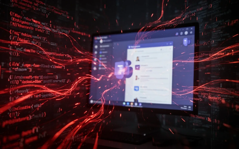 Digital representation of a cyber attack, with glowing red lines of code targeting a blurred computer screen showing Microsoft Teams. - Foto: über boerse-global.de