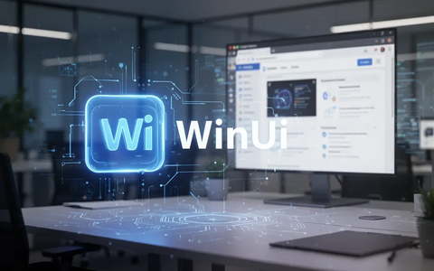 Ein stilisiertes Büro mit einem leuchtenden WinUI-Element im Vordergrund und einem unscharfen Webbrowser im Hintergrund, der den Übergang von Web- zu nativen Apps symbolisiert. - Foto: über boerse-global.de