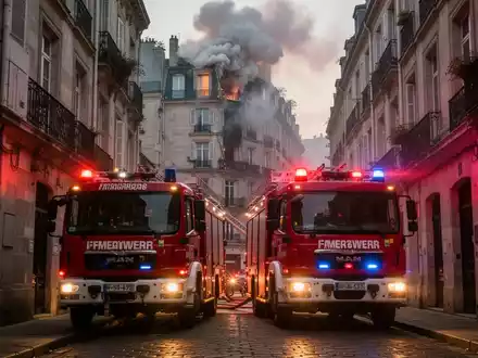 A fire truck with flashing lights on a narrow street in a historic European city, with smoke rising from a building's top floor. - Foto: über boerse-global.de