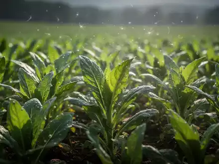 Nahaufnahme von grünen Pflanzen auf einem Feld mit angedeuteten Pilzsporen in der Luft, symbolisiert Mykotoxinbelastung in Lebensmitteln. - Foto: über boerse-global.de
