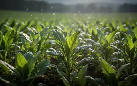 Nahaufnahme von grünen Pflanzen auf einem Feld mit angedeuteten Pilzsporen in der Luft, symbolisiert Mykotoxinbelastung in Lebensmitteln. - Foto: über boerse-global.de