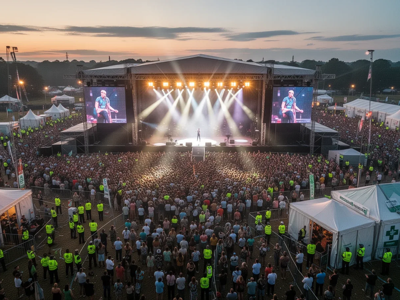 Aerial view of a large outdoor music festival at dusk, with concertgoers, stage lights, and security infrastructure visible. - Foto: über boerse-global.de