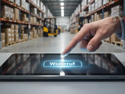 Ein Finger über einem leuchtenden Widerruf-Button auf einem Tablet, mit einem verschwommenen E-Commerce-Lager im Hintergrund. - Foto: über boerse-global.de