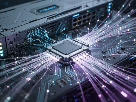 Nahaufnahme eines futuristischen Netzwerk-Switches mit komplizierter Schaltung und leuchtenden Glasfaserverbindungen, die Geschwindigkeit und fortschrittliche Technologie symbolisieren. - Foto: über boerse-global.de