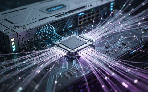Nahaufnahme eines futuristischen Netzwerk-Switches mit komplizierter Schaltung und leuchtenden Glasfaserverbindungen, die Geschwindigkeit und fortschrittliche Technologie symbolisieren. - Foto: über boerse-global.de