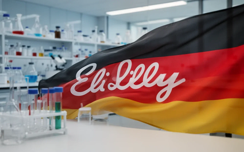 Eine deutsche Flagge, die sich teilweise zurückzieht, mit dem angedeuteten Eli Lilly Logo, vor einem unscharfen Laborhintergrund. - Foto: über boerse-global.de