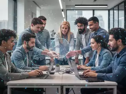 Software developers collaborate in a modern office, with abstract data visuals, symbolizing effective SaaS onboarding and productivity. - Foto: über boerse-global.de