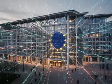 The European Court of Justice building with digital data streams overlaid, symbolizing technology law and regulation. - Foto: über boerse-global.de