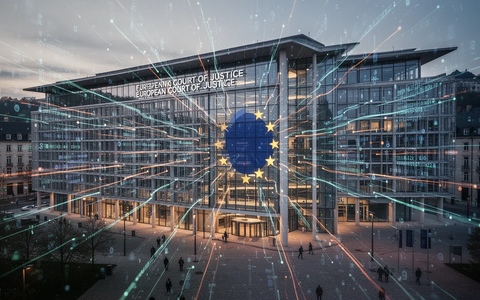 The European Court of Justice building with digital data streams overlaid, symbolizing technology law and regulation. - Foto: über boerse-global.de