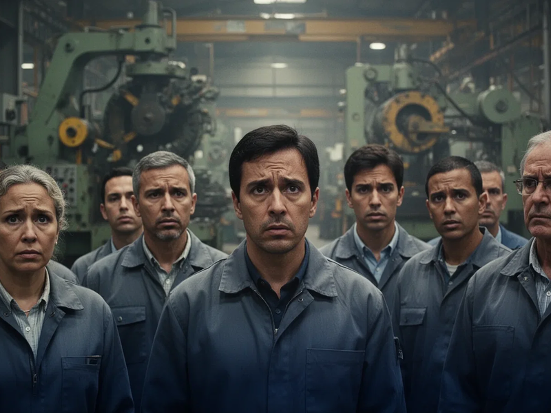Factory workers on a production floor, conveying concern and uncertainty amid industrial restructuring and job cuts. - Foto: über boerse-global.de