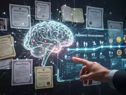 Ein stilisiertes, leuchtendes neuronales Netzwerk verbindet digitale Dokumente, Tagebücher und Bildungszertifikate. Eine Hand interagiert mit einem Hologramm, das eine Zeitleiste von Lebensereignissen und Fähigkeiten anzeigt. Fokus auf technologiegestütztes Lernen und persönliche Entwicklung. - Foto: über boerse-global.de