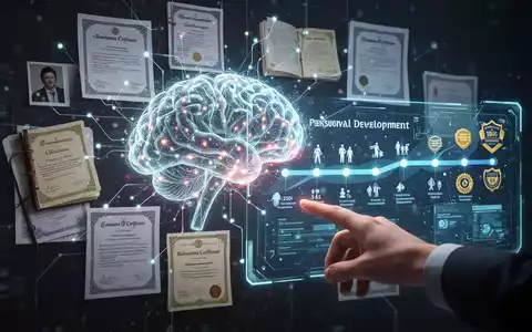 Ein stilisiertes, leuchtendes neuronales Netzwerk verbindet digitale Dokumente, Tagebücher und Bildungszertifikate. Eine Hand interagiert mit einem Hologramm, das eine Zeitleiste von Lebensereignissen und Fähigkeiten anzeigt. Fokus auf technologiegestütztes Lernen und persönliche Entwicklung. - Foto: über boerse-global.de