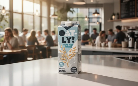 Ein Karton Oatly Hafermilch steht auf einer modernen Küchentheke, im Hintergrund eine unscharfe Cafékulisse. - Foto: über boerse-global.de