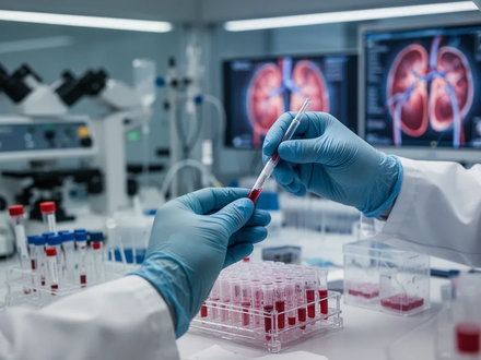 Close-up of gloved hands in a lab, handling samples with scientific equipment in the background, symbolizing kidney research. - Foto: über boerse-global.de