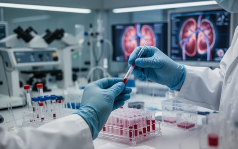 Close-up of gloved hands in a lab, handling samples with scientific equipment in the background, symbolizing kidney research. - Foto: über boerse-global.de